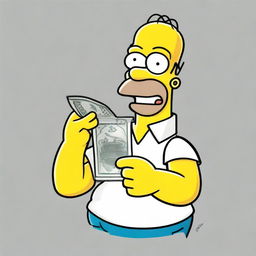 A comedic cartoon image of Homer Simpson holding up a crisp £20 note with a look of surprise and joy.