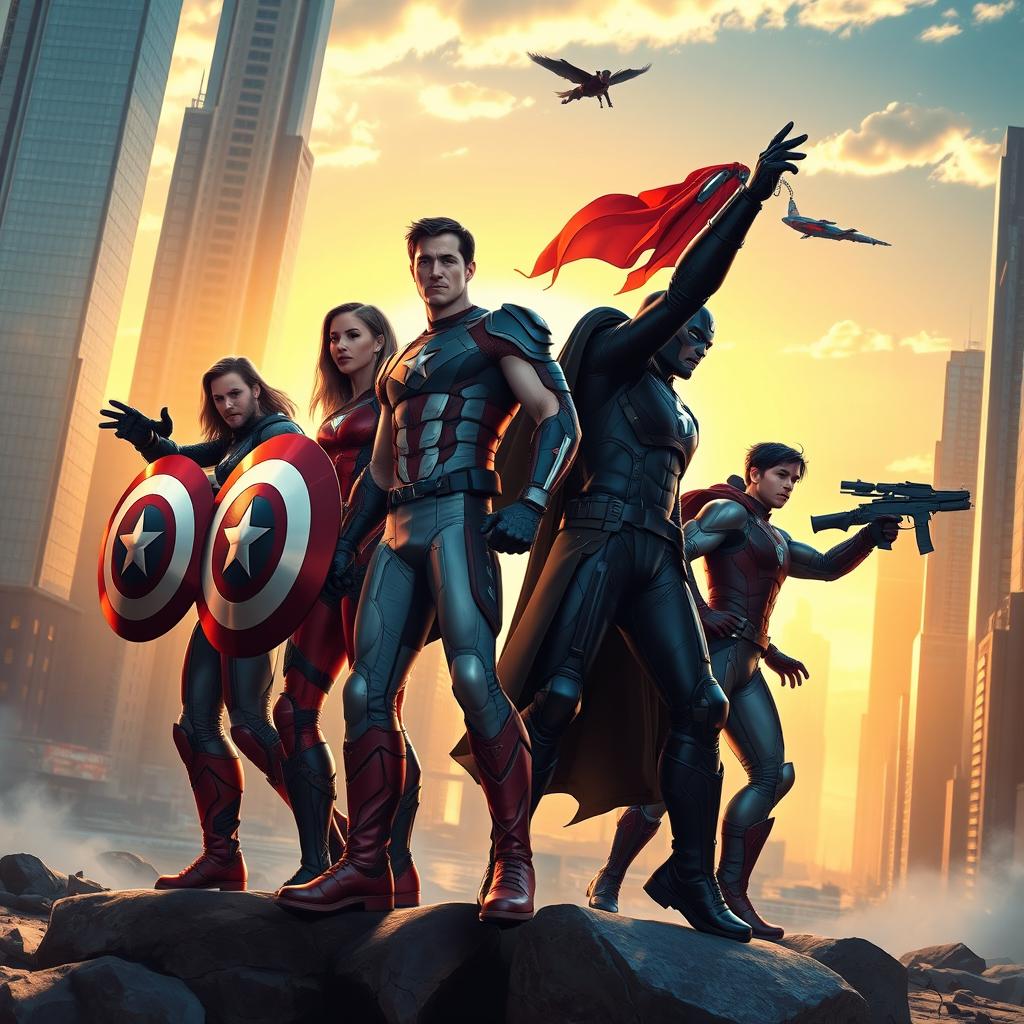 A dynamic and action-packed scene featuring a group of superheroes resembling iconic Avengers