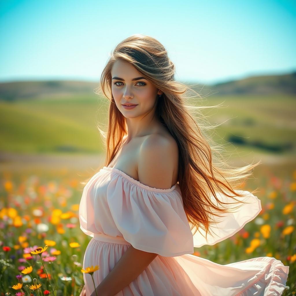 A beautiful young woman with long, flowing hair styled elegantly