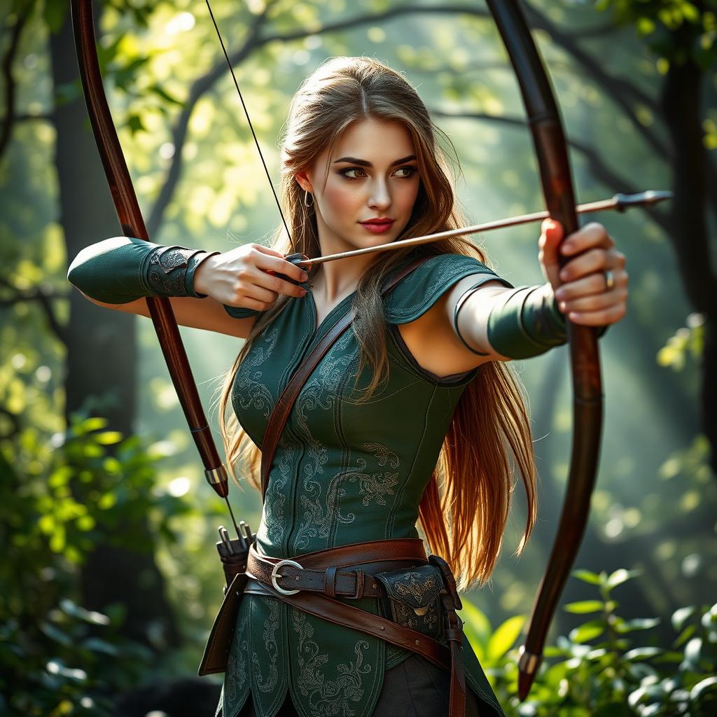 A female archer in a beautifully designed fantasy outfit, showcasing intricate details