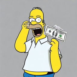 A comedic cartoon image of Homer Simpson holding up a crisp £20 note with a look of surprise and joy.