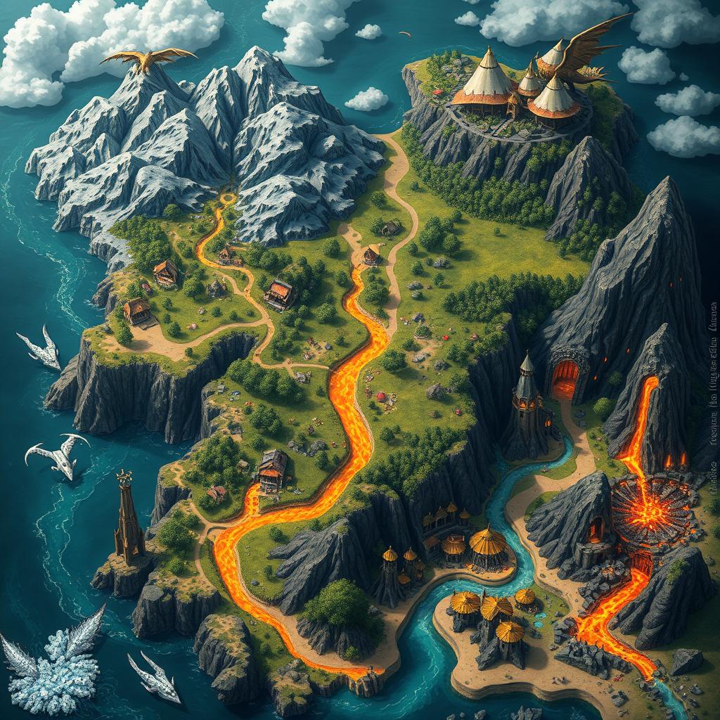 A detailed supernatural map showcasing a variety of enchanting biomes: lush forests with vibrant flora, towering ice mountains inhabited by majestic dragons, grassy plains sprinkled with quaint cottages, barren lands featuring black sand cave dwellings, rivers of lava flowing through volcanic terrain, endless stretches of desert sands, and mesmerizing underwater cities