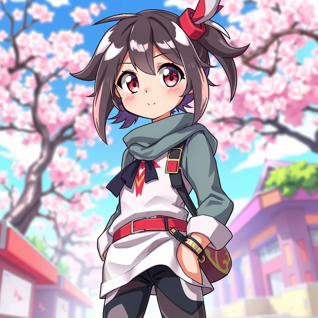 A vibrant anime character design featuring a young adult with bright, expressive eyes and stylish hair, dressed in a fashionable outfit that reflects their unique personality