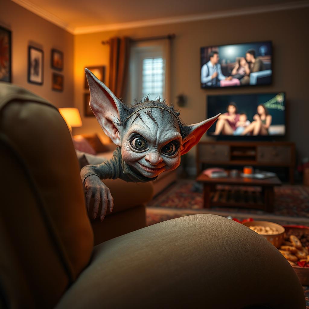 A tiny, mischievous house elf peeking from behind a living room armchair, its big, wide eyes filled with curiosity and a hint of mischief