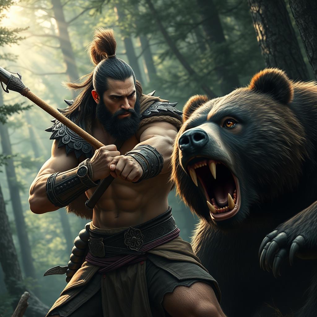 A powerful warrior in a dramatic pose, his muscular build visible under intricately designed armor, holding a spear aimed at a fierce bear