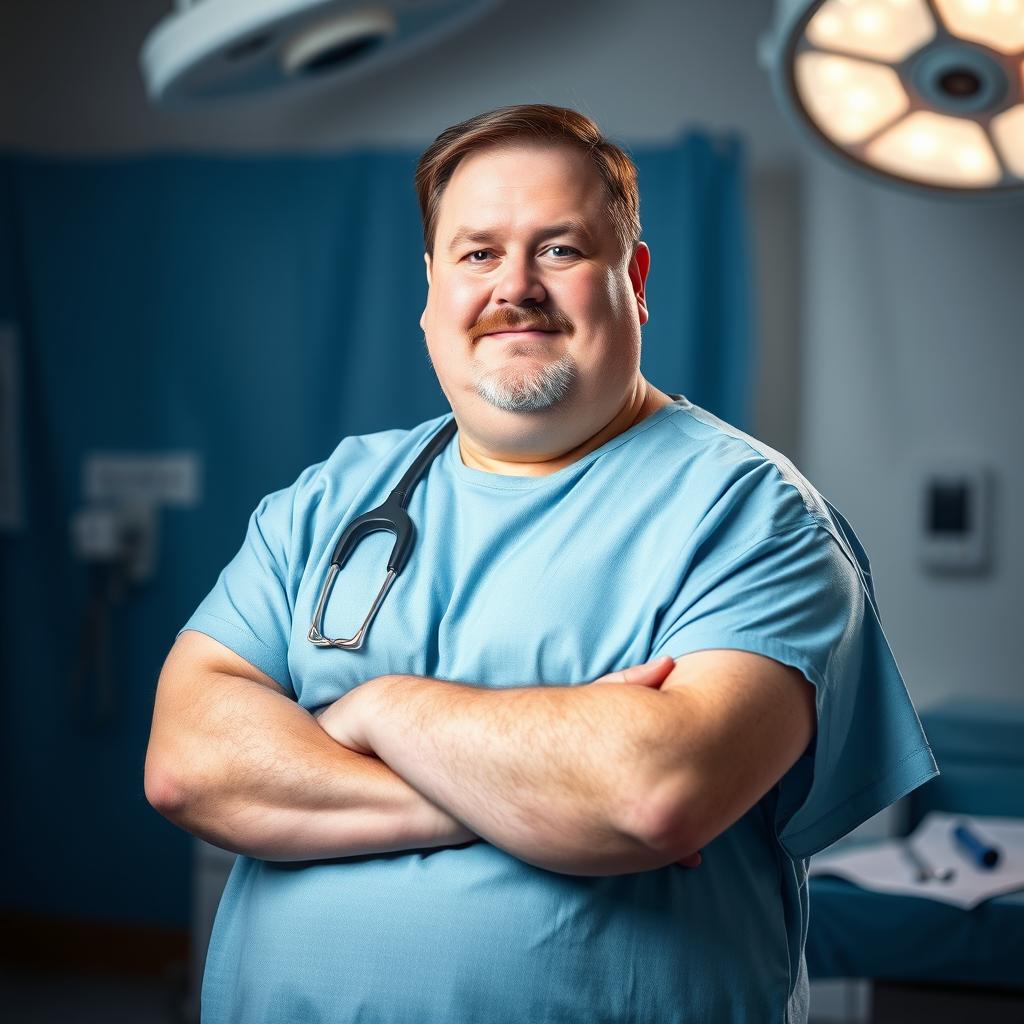 A portrait of an overweight middle-aged man standing confidently before a surgery, wearing a hospital gown, surrounded by medical instruments, with a focused yet hopeful expression on his face
