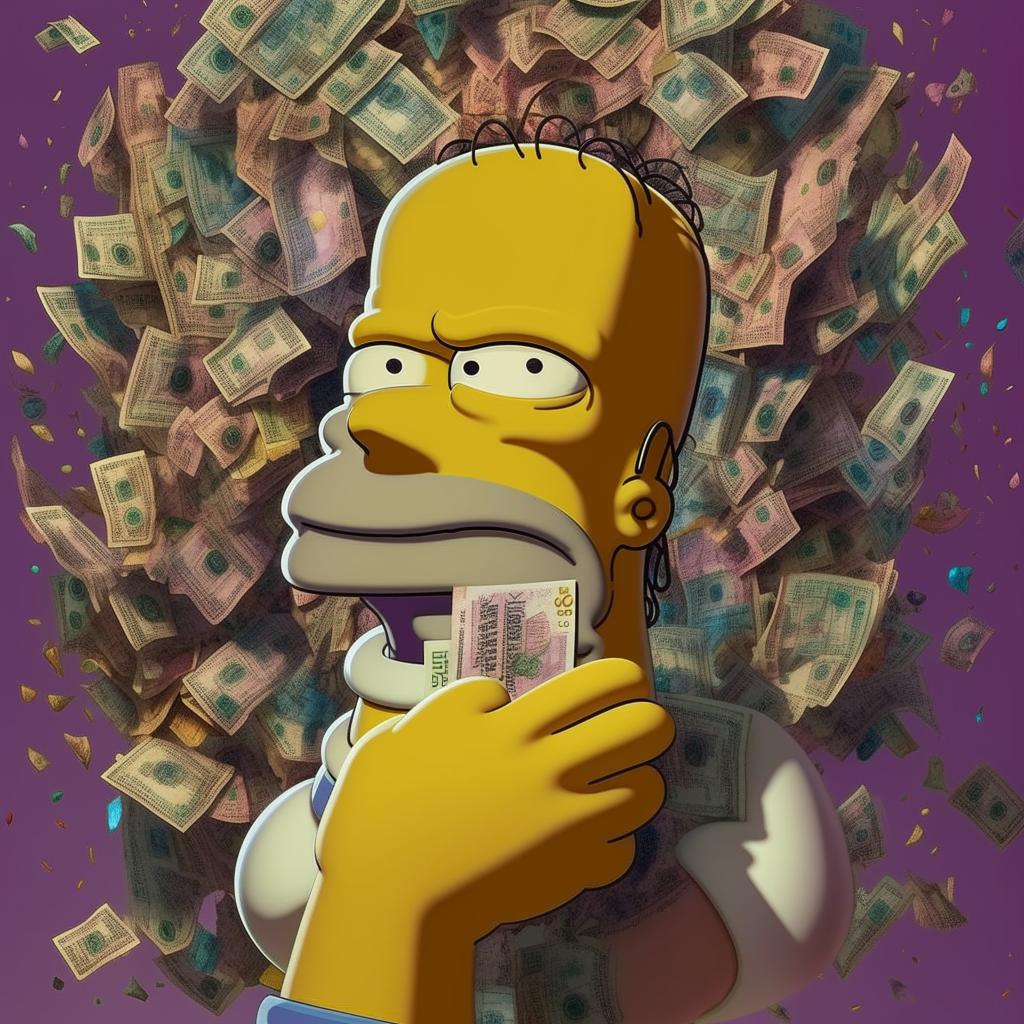 A detailed and colorful image of Homer Simpson holding a bright £20 note in his hand