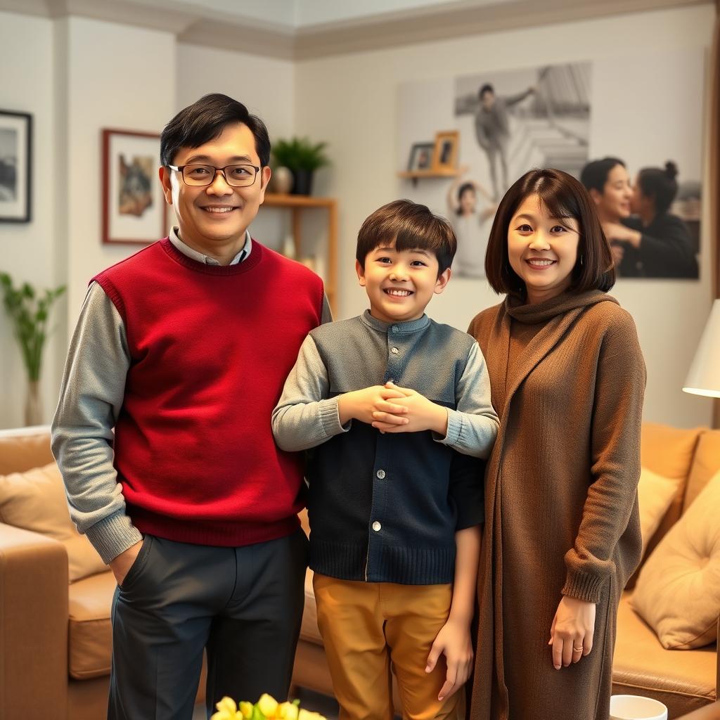 A family portrait depicting a 50-year-old Asian man wearing glasses, standing confidently with a warm smile