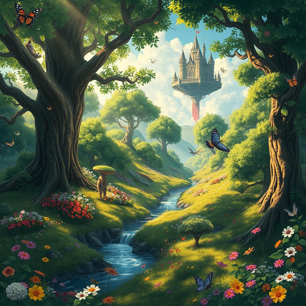 A whimsical landscape inspired by Studio Ghibli films, featuring a lush green forest with vibrant flowers, towering ancient trees, and a serene river flowing through it