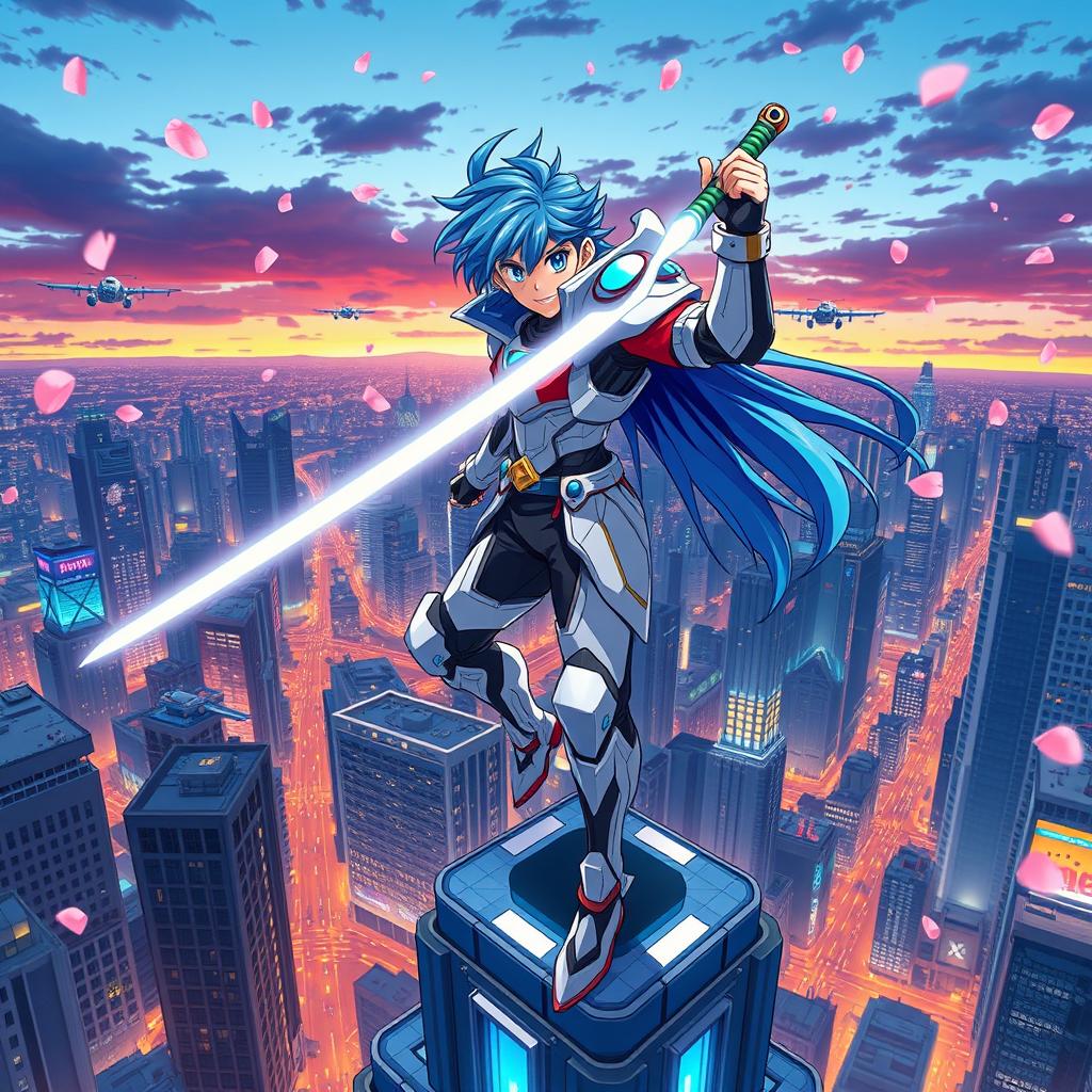 A vibrant and dynamic anime scene featuring a heroic character with bright blue hair and futuristic armor