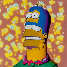 A detailed and colorful image of Homer Simpson holding a bright £20 note in his hand