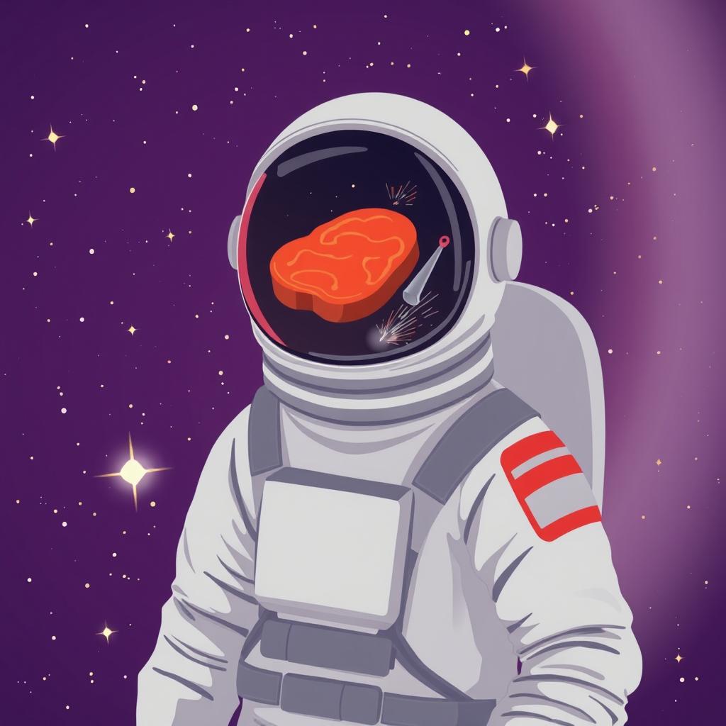 A stylized scientific illustration featuring an astronaut in mid-spacewalk against a cosmic background