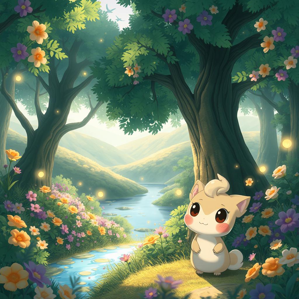 An enchanting scene capturing the magical essence of an anime-style illustration inspired by Studio Ghibli