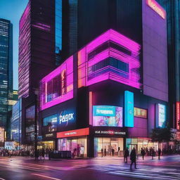 A state-of-the-art Nexvision shop located in a bustling city with high skyscrapers, bustling pedestrians and colorful neon lights.