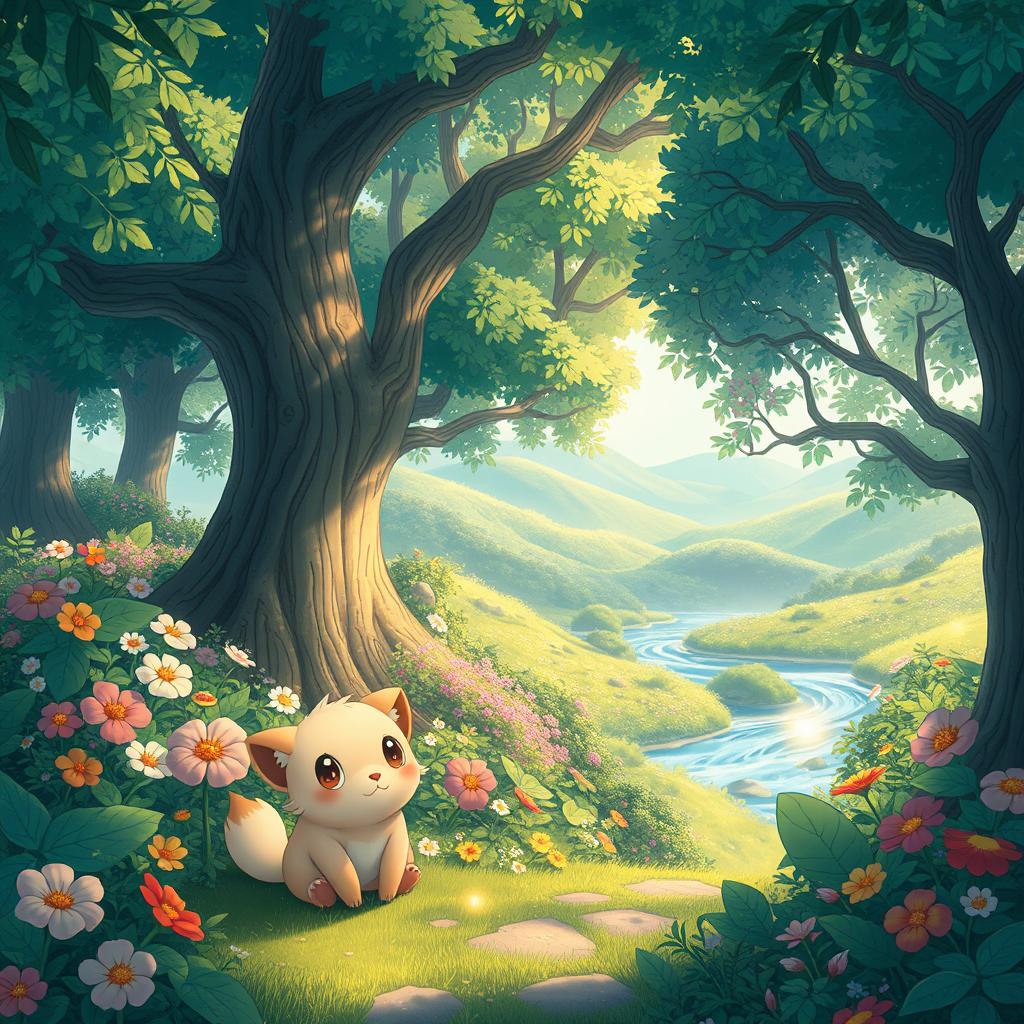An enchanting scene capturing the magical essence of an anime-style illustration inspired by Studio Ghibli