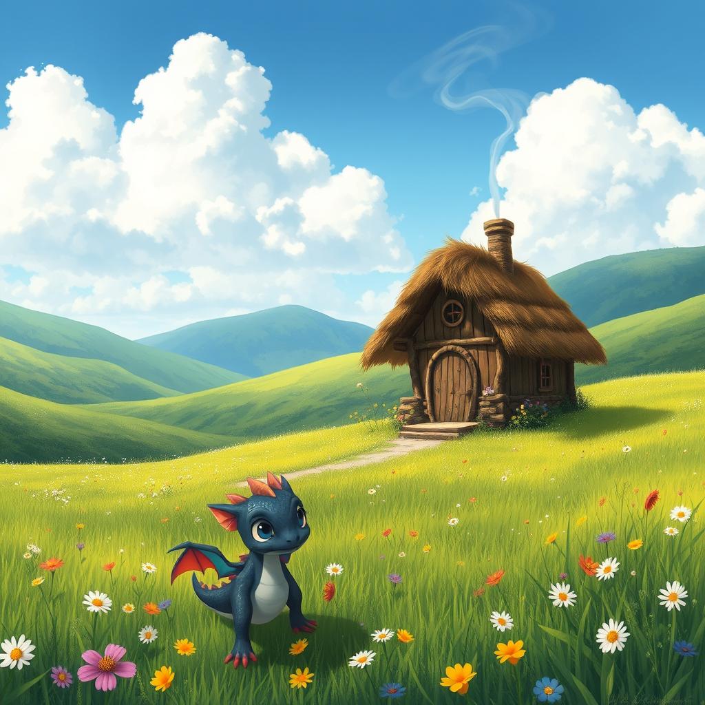 A whimsical and enchanting landscape featuring a vast, lush green meadow dotted with wildflowers, rolling hills in the background, and a serene blue sky decorated with fluffy white clouds