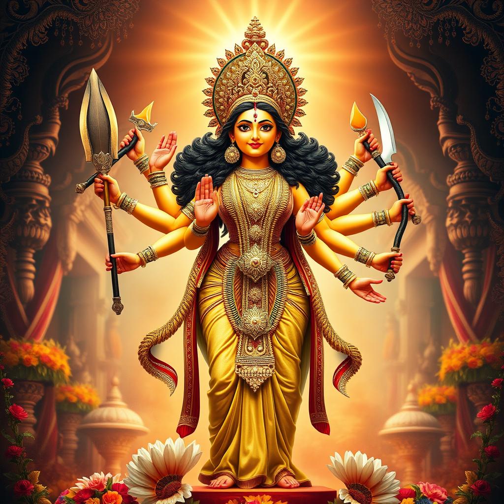 A beautiful and serene depiction of Maa Durga, the goddess of power and strength, standing majestically