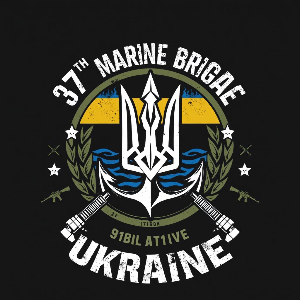 A military-style T-shirt design for the 37th Marine Brigade of Ukraine, featuring a bold emblem of a trident (tryzub) combined with marine elements like an anchor and stylized waves