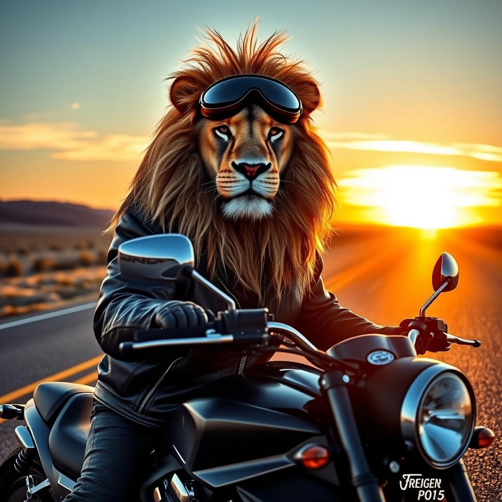 A majestic lion wearing motorcycle goggles and a leather jacket, sitting on a powerful motorcycle