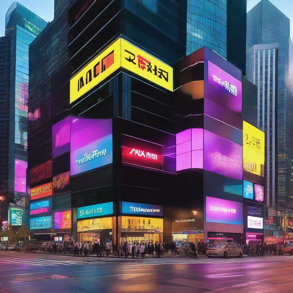 A state-of-the-art Nexvision shop located in a bustling city with high skyscrapers, bustling pedestrians and colorful neon lights.