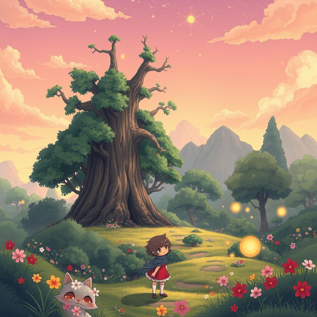 An enchanting anime-style illustration inspired by Studio Ghibli, featuring a whimsical landscape filled with lush greenery, towering trees, and vibrant flowers