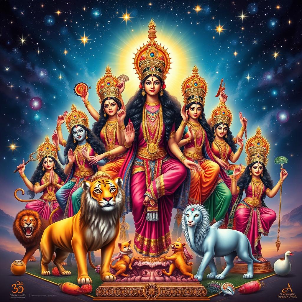A powerful depiction of the nine forms of Goddess Durga, known as Navadurga, each representing a unique aspect of femininity and strength