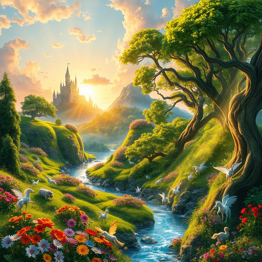 A fantasy landscape filled with lush, vibrant greenery, mystical creatures like fairies and unicorns, abundant colorful flowers, and a sparkling river flowing through the scene