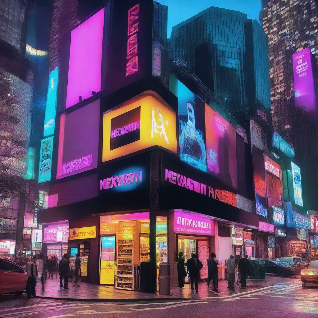 A state-of-the-art Nexvision shop located in a bustling city with high skyscrapers, bustling pedestrians and colorful neon lights.