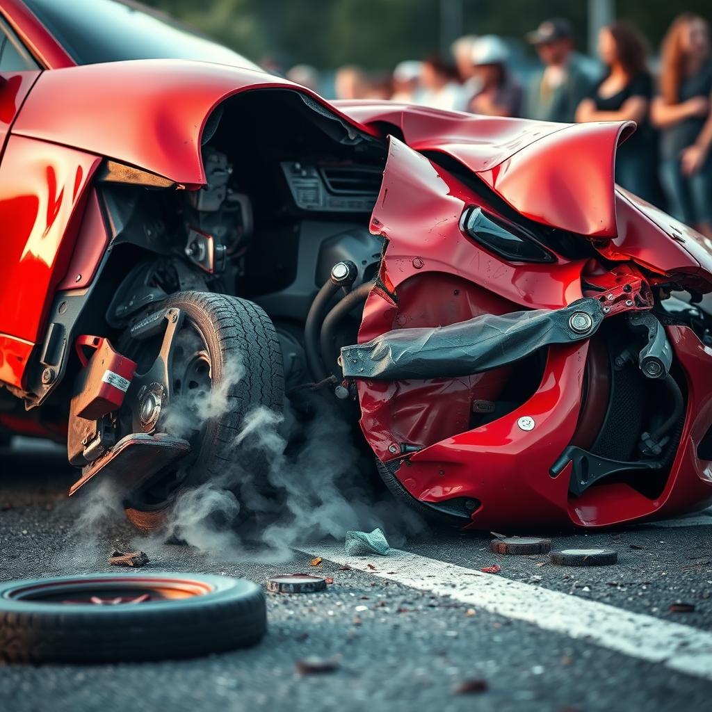 A close-up view of a damaged sports car after an accident, showcasing crumpled metal, shattered glass, and deployed airbags