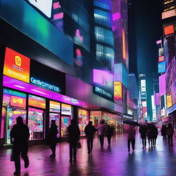 A state-of-the-art Nexvision shop located in a bustling city with high skyscrapers, bustling pedestrians and colorful neon lights.