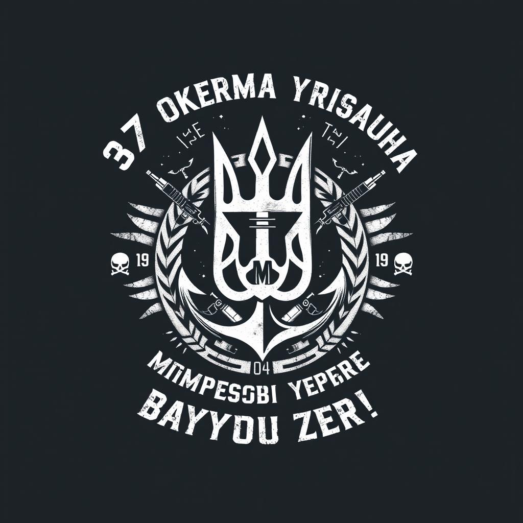 A military-style T-shirt design for the 37th Marine Brigade of Ukraine, featuring a bold emblem with a trident (tryzub) intertwined with marine elements like an anchor and stylized waves