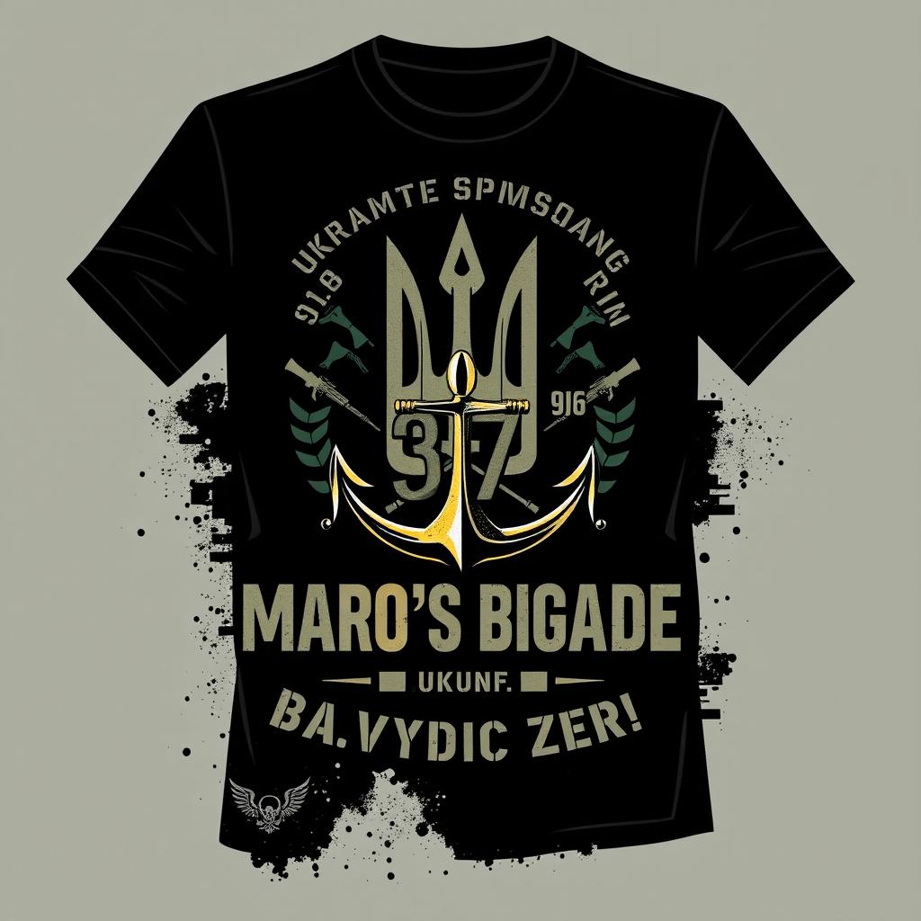 A military-style T-shirt design for the 37th Marine Brigade of Ukraine, featuring a striking bold emblem that includes a prominent trident (tryzub) alongside marine-themed elements such as an anchor and stylized waves