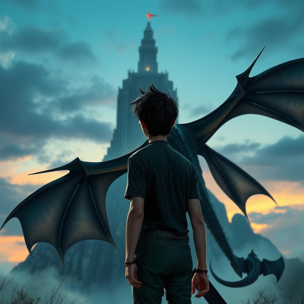 A giant tower in the background, looming majestically against a twilight sky