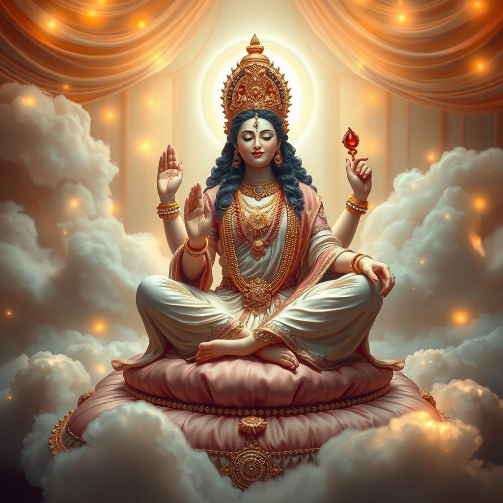 A beautifully detailed depiction of a serene goddess seated gracefully, her feet adorned with intricate jewelry resting on a silk cushion