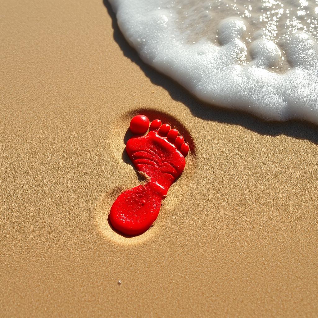 A single vibrant red footprint on a sandy beach, detailed with the texture of the sand and water glistening nearby, creating a contrast between the bold red and the soft, natural hues of the beach