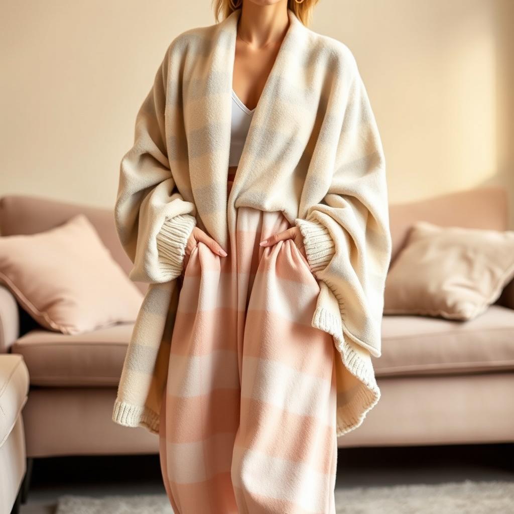 A cozy and stylish fashion outfit made from a soft, luxurious blanket fabric