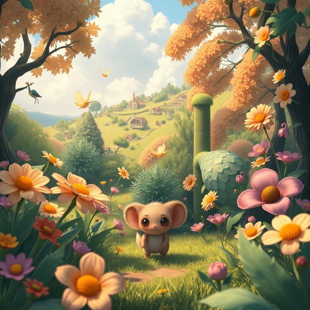 A whimsical scene set in a lush, vibrant forest inspired by Studio Ghibli’s artistic style, featuring a colorful array of fantastical flora and fauna, with soft, dreamy lighting and a warm color palette