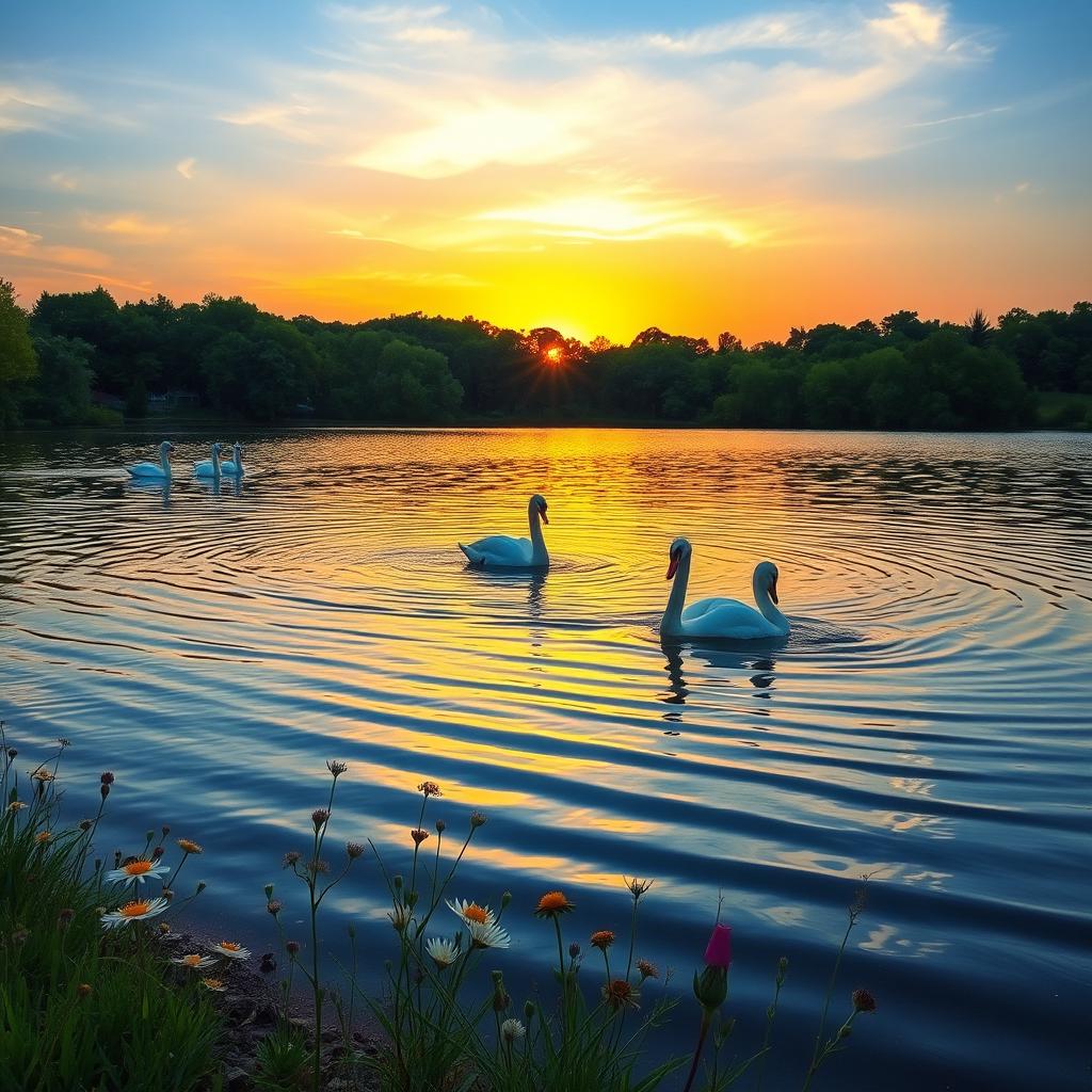 A tranquil, golden sunset over a serene lake surrounded by lush green trees, with soft ripples reflecting the vibrant colors of the sky