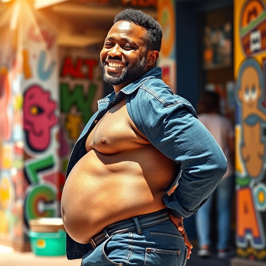 A confident Sudanese man, embracing his body, with a noticeable large butt, wearing stylish casual clothing that highlights his fashion sense