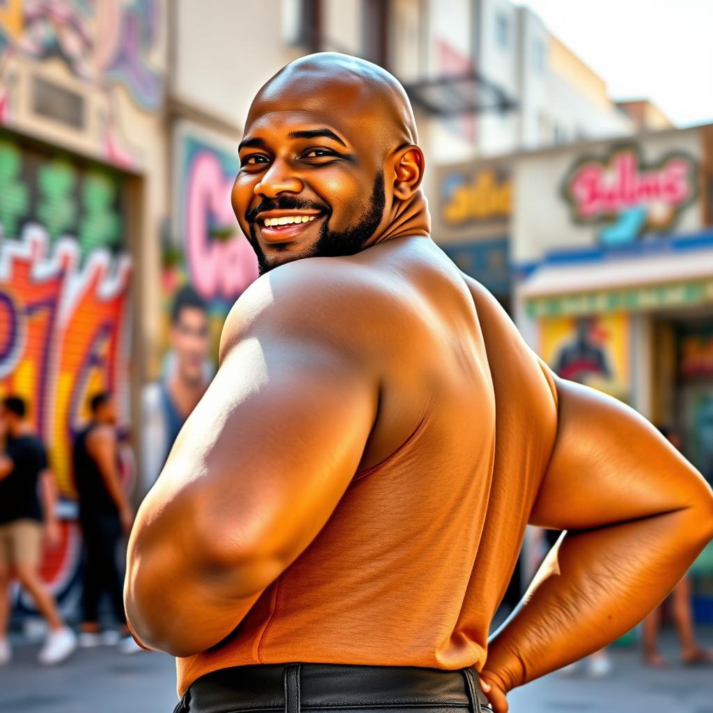 A proud Sudanese man with a round face, a bold head without hair, and a small beard, confidently showcasing his large butt