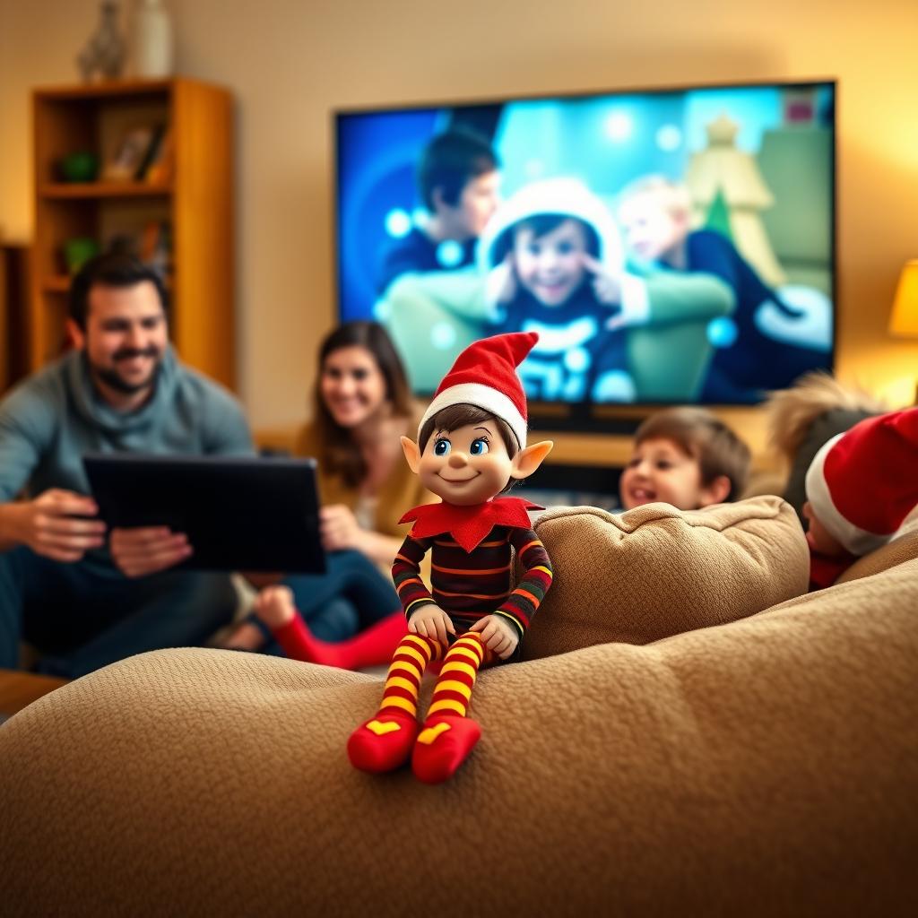 A cozy living room scene featuring a family happily watching TV together