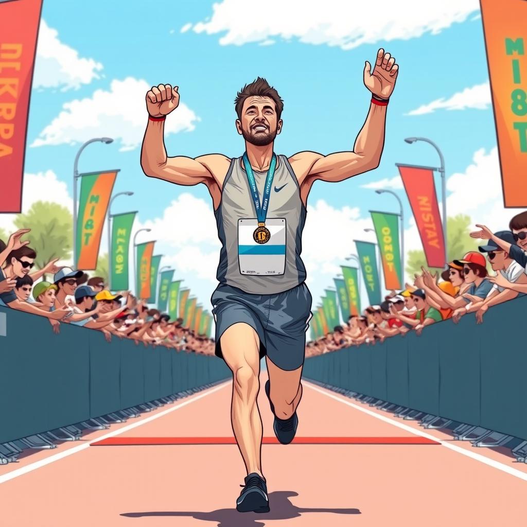 A dynamic illustration of a man running triumphantly in a marathon, captured from a front view perspective