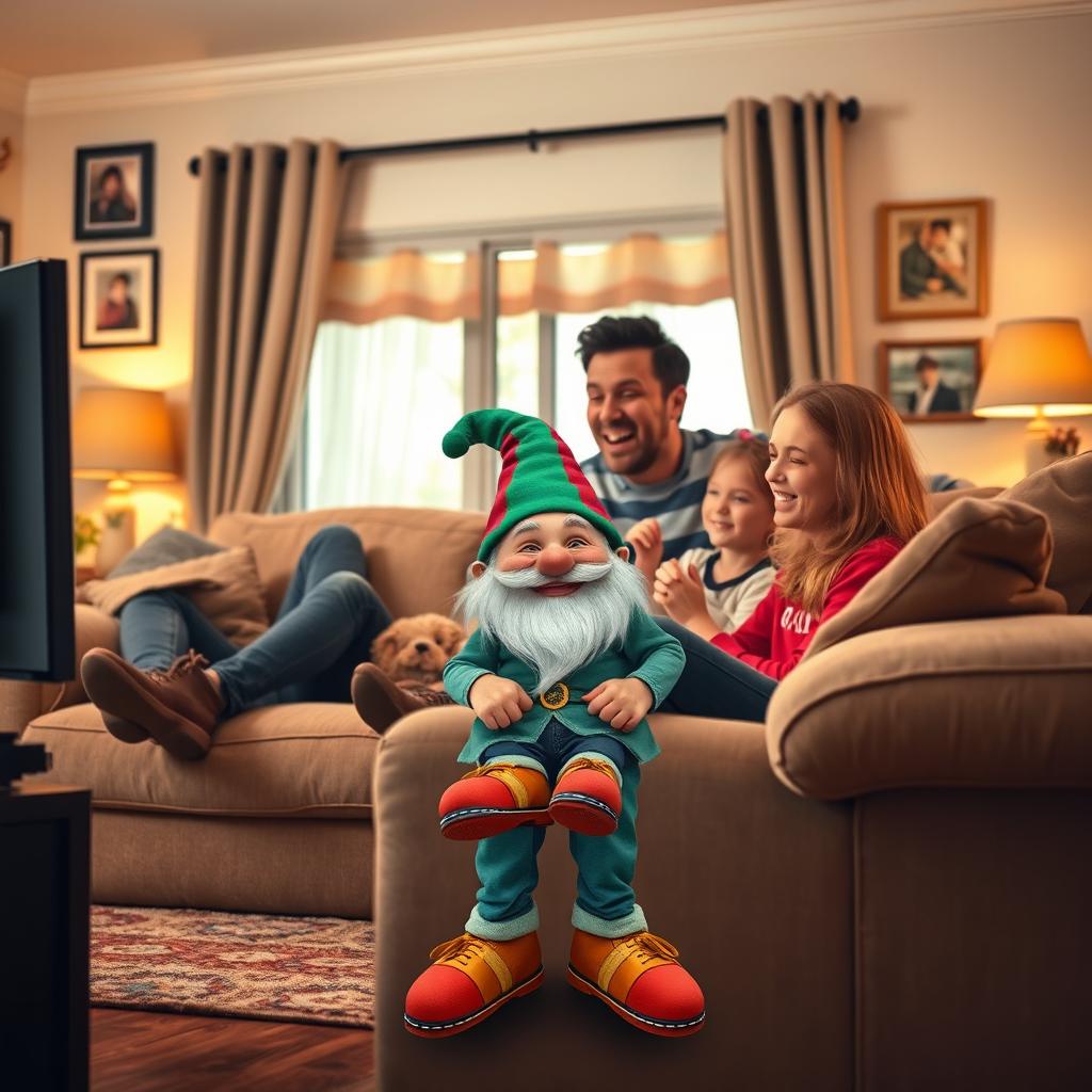 A charming living room scene showcasing a family of four watching TV together, including two parents and two cheerful children