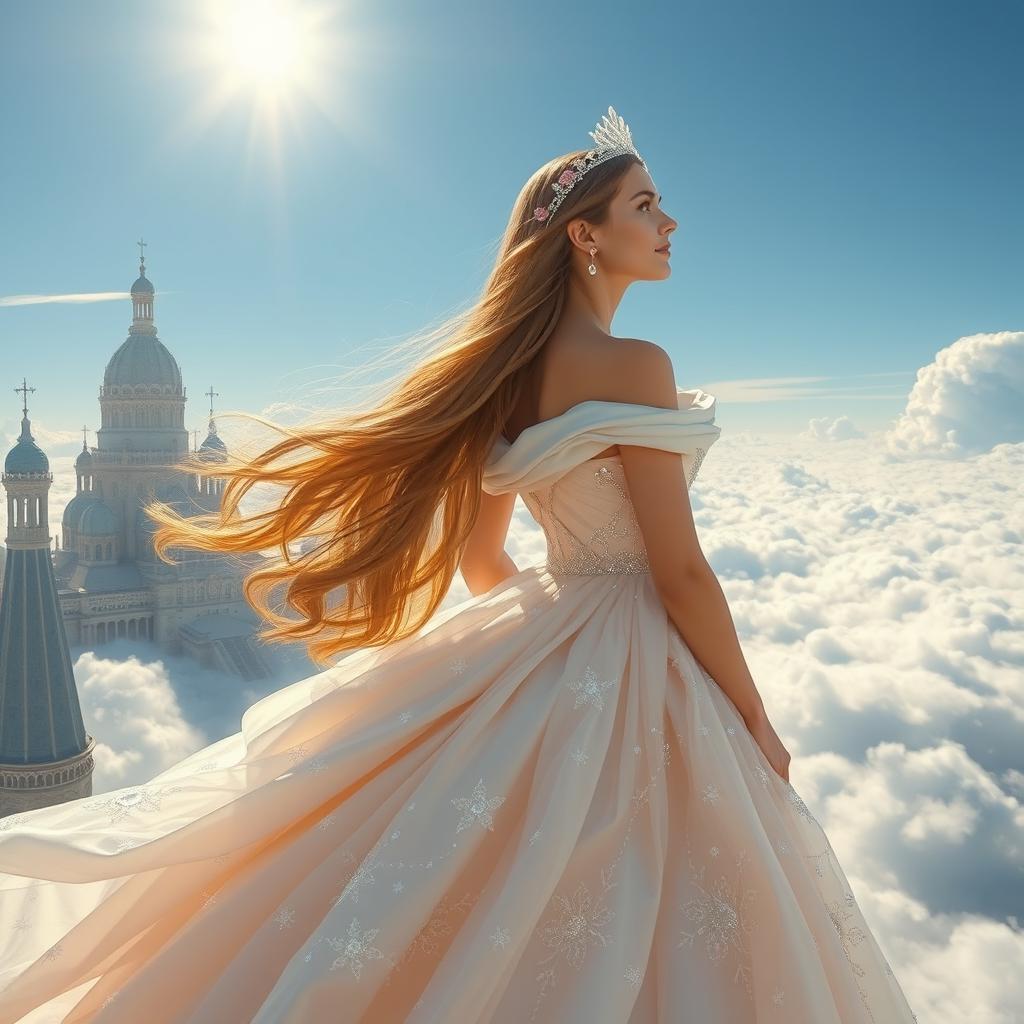 A princess from a floating city wearing a majestic gown made of ethereal, flowing fabrics that shimmer like the sky