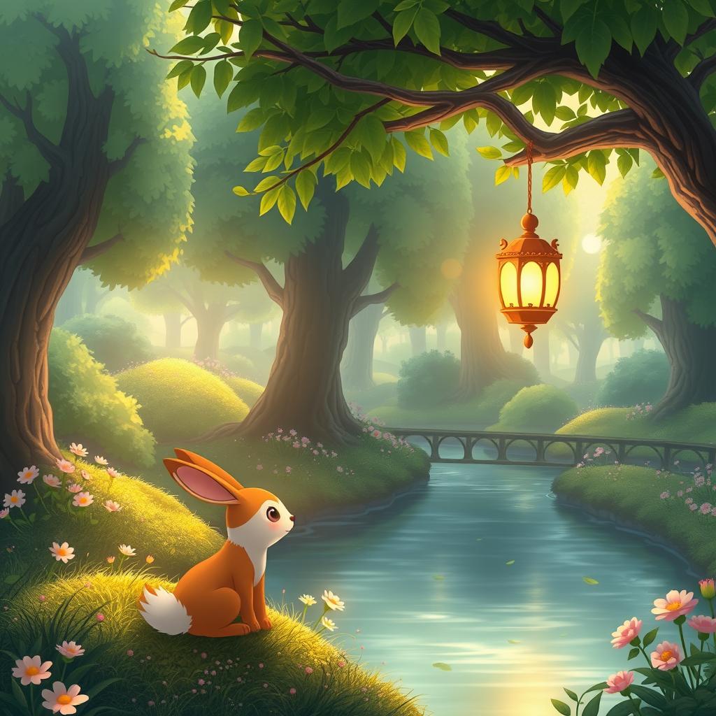 A serene landscape showcasing a magical forest, inspired by Studio Ghibli's art style, featuring lush green trees, whimsical flowers, and a calm river flowing through the scene