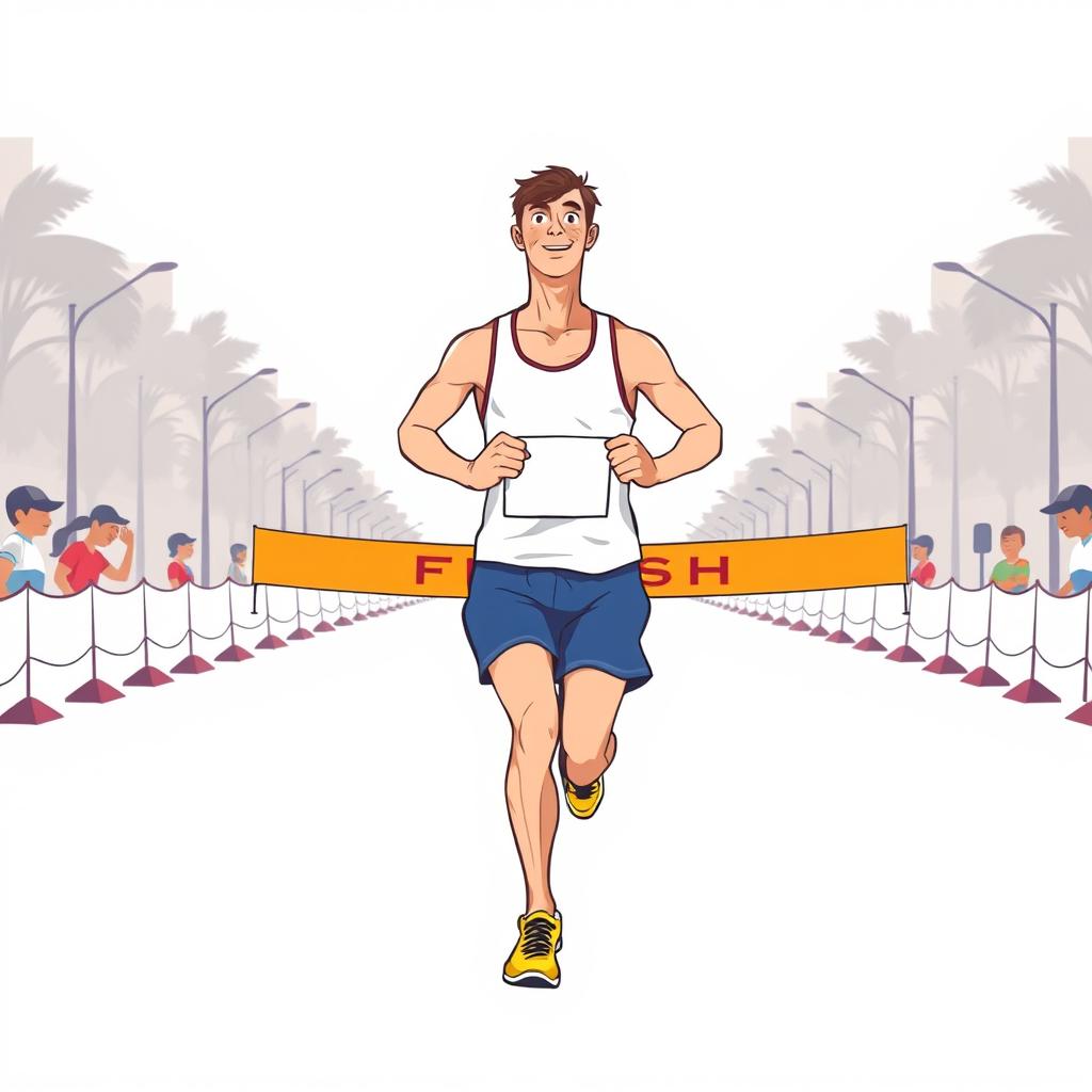 A minimal illustration of a man running and winning a marathon, shown from a front view