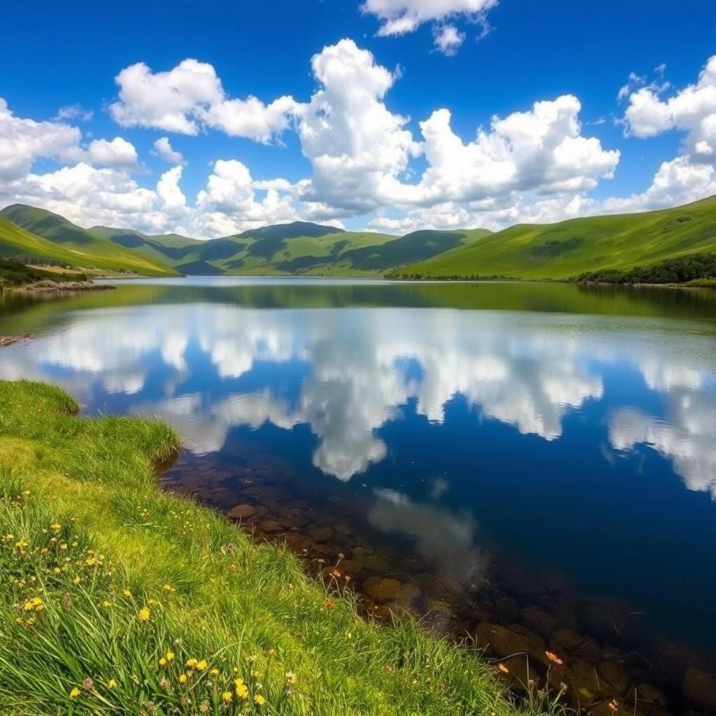 a serene landscape featuring a tranquil lake surrounded by lush green hills under a bright blue sky, with fluffy white clouds scattered throughout the scene; the reflection of the hills and clouds visible in the clear water, small wildflowers dotting the grassy shoreline, creating a peaceful and inviting atmosphere