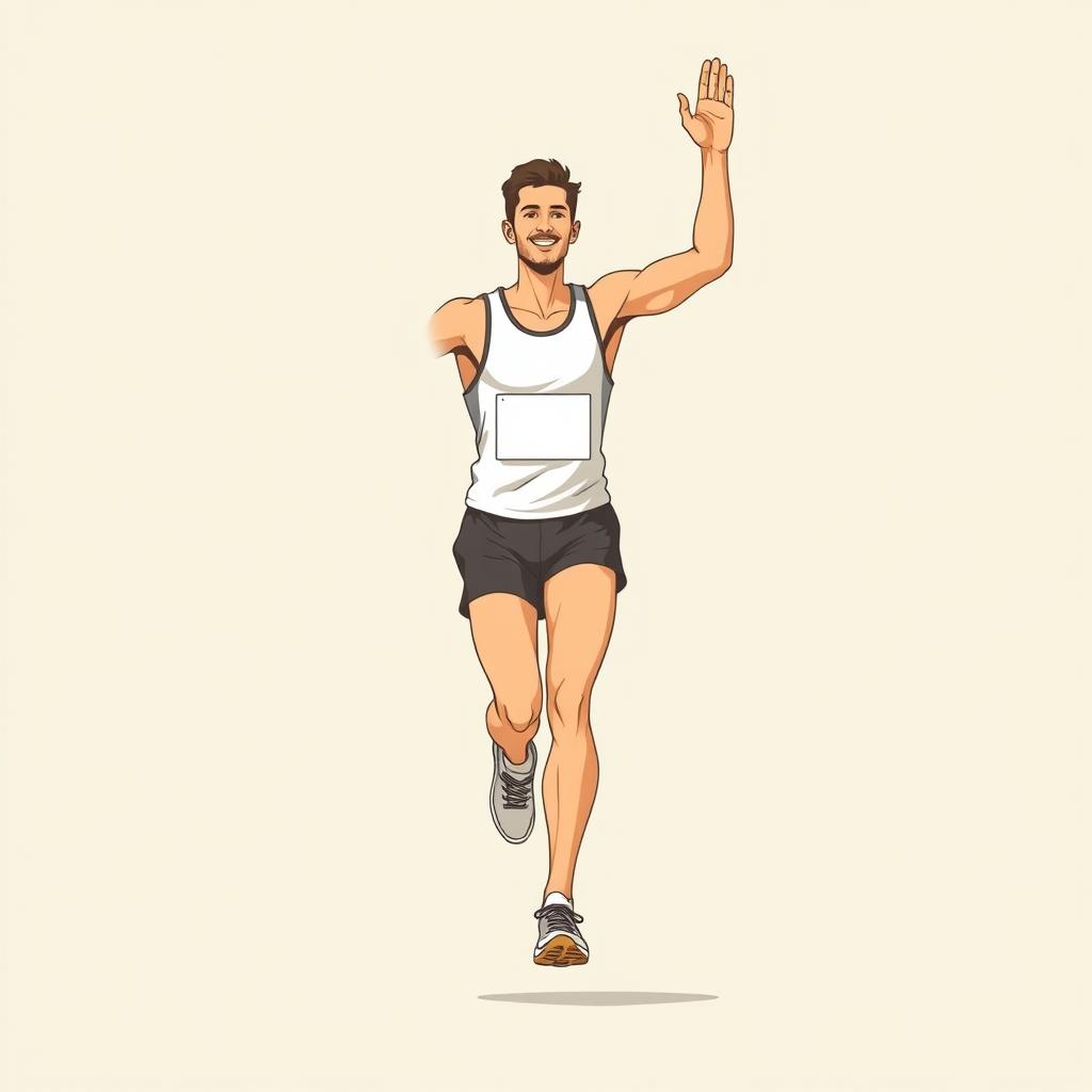 A minimalist illustration of a man running triumphantly in a marathon, depicted from a front view