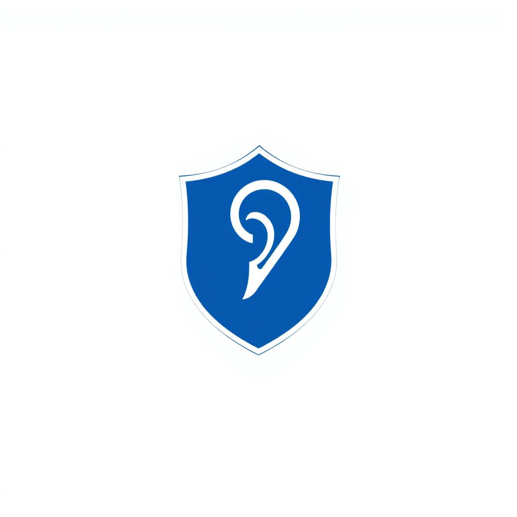A minimalist icon representing the Ombudsman of the Municipal Civil Guard of Pindamonhangaba, featuring a simple silhouette of a shield symbolizing protection, with a stylized image of an ear incorporated within the shield to symbolize listening and communication