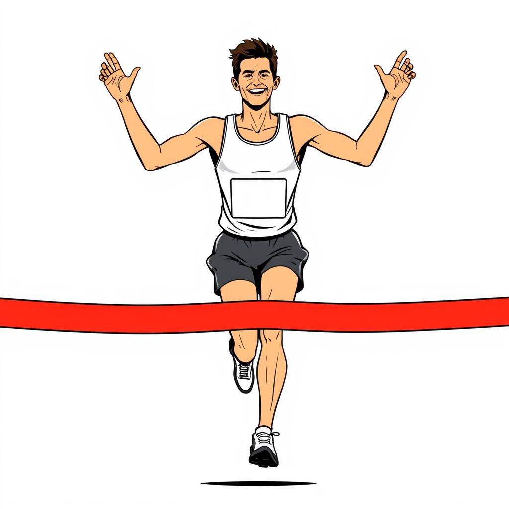 A minimalist illustration of a man running joyfully in a marathon, shown from a front view